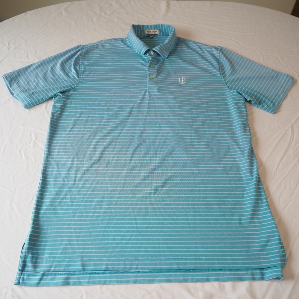Peter Millar Summer Comfort Golf Polo Shirt Men's Large Light Blue Stripe Logo